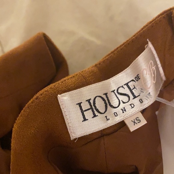 House of CB London Brown Suede Maxi Dress High Neck Cutout Slit Tan Zipper back - Picture 12 of 17